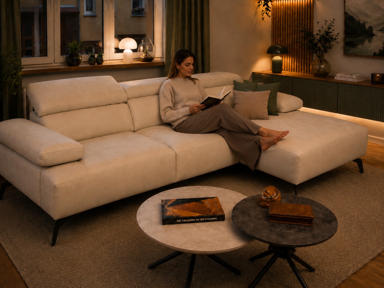 Žena odpočívající a čtoucí knihu na moderní designové pohovce v útulném obývacím pokoji